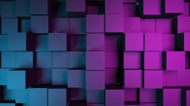 Abstract purple and blue cubes moving in a dynamic 3D wall pattern