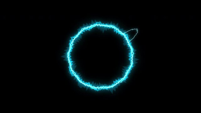 Blue electric circle audio visualizers glowing on black background. 4K video