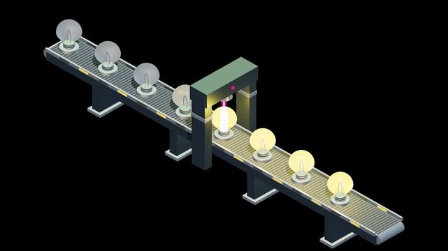 Bulb factory production line animation on transparent background