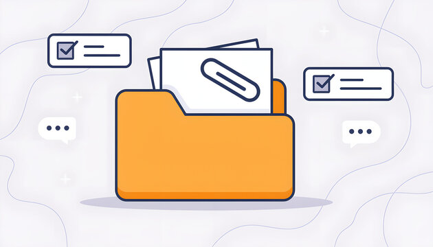 Vector illustration of a file folder with documents and task management elements.