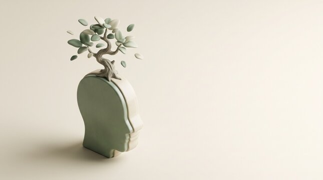 Mind Growth: A symbolic representation of personal growth and development, depicted by a bonsai tree flourishing atop a stylized human head.