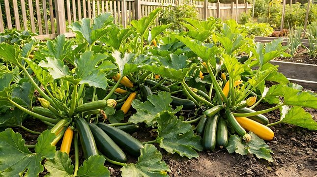 Fresh zucchini plants growing in a sunny garden.