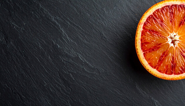Warm sunlight falling across blood orange half on a dark slate background