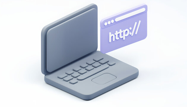 3d laptop computer with web browser window displaying url address concept.