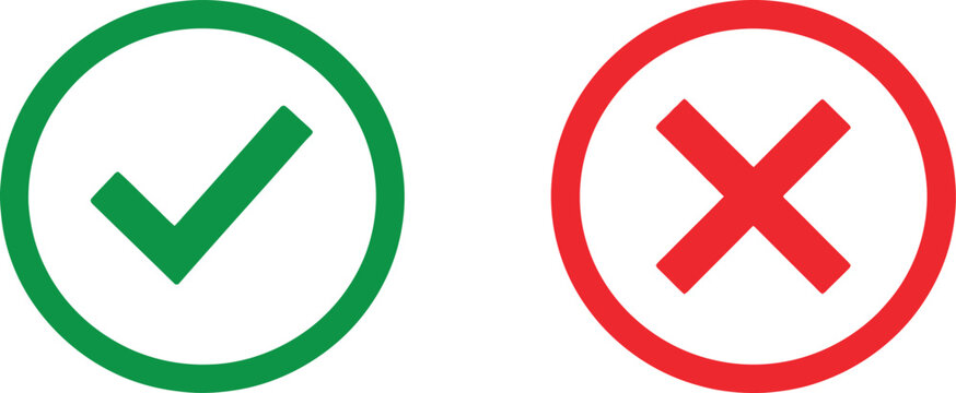 Green check mark and red cross sign icons for true or false choice and survey assessment