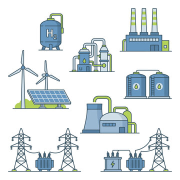 Elegant of Renewable Energy and Industrial Process Components in Blue and Green Color Scheme with high quality professional line art symbols for modern creative design and digital branding projects