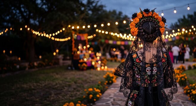 Catrina de espaldas con corona de cempas&uacute;chil y velo para D&iacute;a de los Muertos