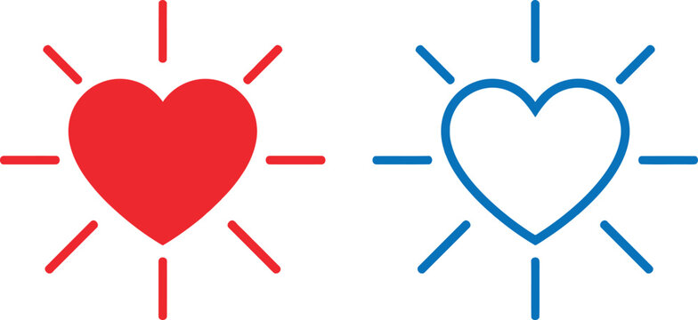 Red and blue heart icons with glowing light rays on a simple graphic design