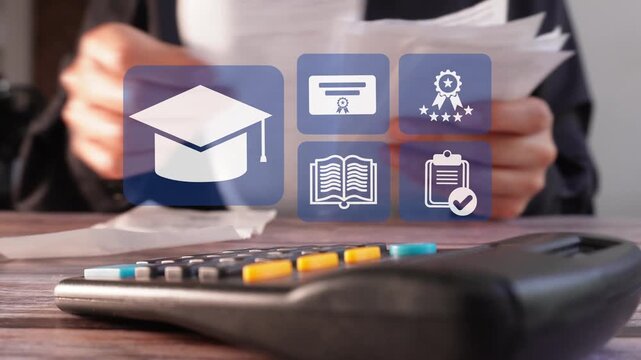 Person holds papers, calculator on desk. Fingers press icons: graduation, books, diploma. Business person calculates education expenses. Useful for financial planning, student budgets