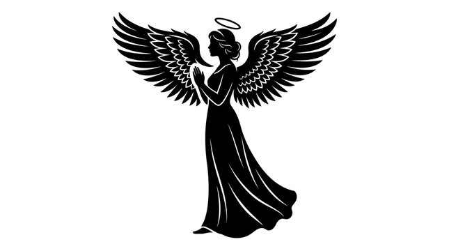 Black silhouette of a christmas angel with wings and halo praying