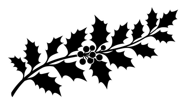 Black silhouette of a winter holly branch with berries and leaves
