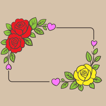 Floral frame with red and yellow rose flowers and pink hearts