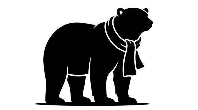 Black silhouette of a cute bear wearing a winter scarf with bear like