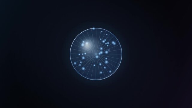 Abstract futuristic geometric shape morphing with glowing particle dots on dark background.