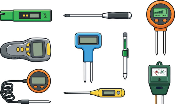 Soil moisture meter and ph tester vector icon set featuring digital measuring tools for gardening isolated on white background