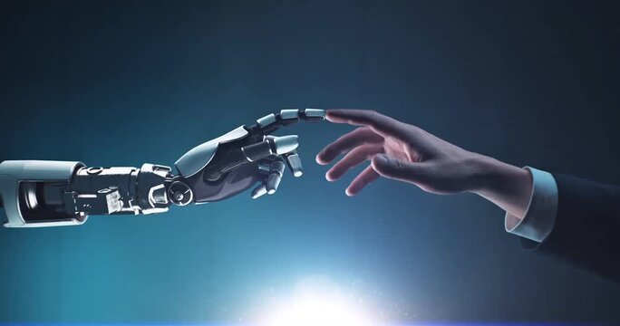 Futuristic Concept of Artificial Intelligence and Connection Featuring Two Robotic Hands Reaching Towards Each Other with Digital Disintegration and Blue Light
