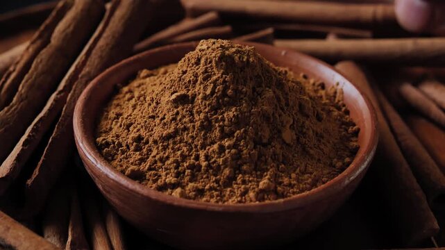 Ground cinnamon powder in a ceramic bowl, close-up view showing the fine texture and warm brown color, natural spice ingredient.	