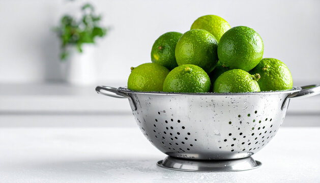 Soft illumination across fresh limes piled inside a metal colander in a simple setting