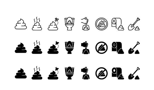 Poop and Toilet Waste Icons Set with Feces, Toilet Paper, Shovel, Cleaning and No Poop Symbols