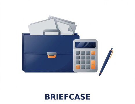 Business briefcase with documents calculator and pen, flat vector illustration isolated on white background