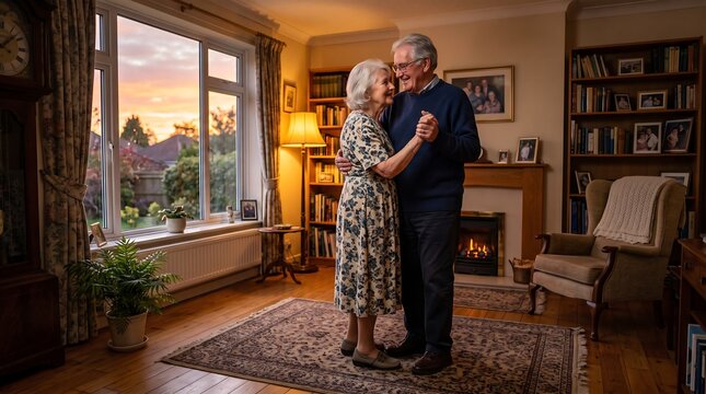 Elderly couple dancing romantically in their cozy living room at sunset