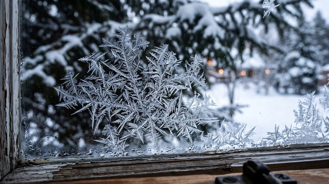 Intricate Frost Patterns Formed on a Window Pane During a Winter Snowfall
