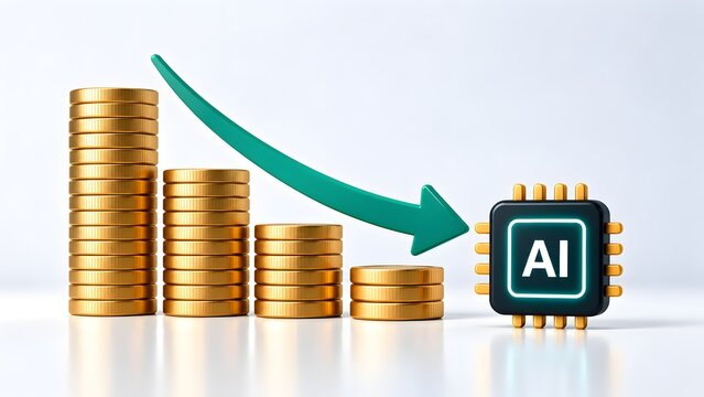Stacks of gold coins with downward green arrow and artificial intelligence microchip depicting financial loss or cost reduction