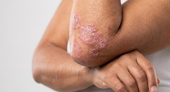 Close up of severe plaque psoriasis or chronic eczema on the elbow of a dark skinned patient