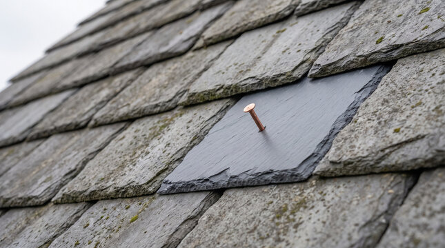 Slate roof with a repair patch and copper nail, fixing a leak  