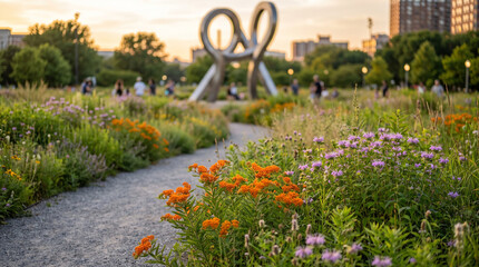Fototapeta premium Native prairie in city park with flowers and sculpture at sunset 