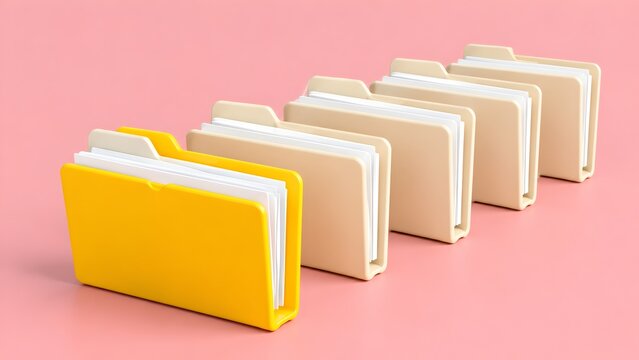 3D Render of a Unique Yellow File Folder Standing Out in a Row of Beige Folders on Pink Background Representing Leadership and Organization