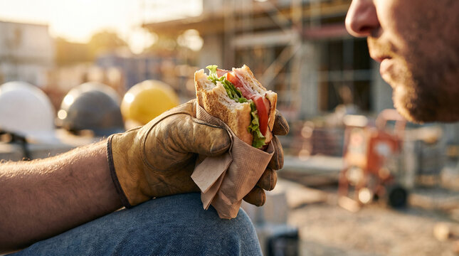Construction worker eating lunch with a sandwich on job site  