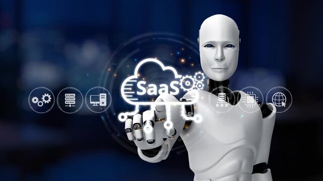 A humanoid robot engages with a dynamic cloud technology graphic, symbolizing advancements in software as a service and digital transformation in modern business practices. Synapse