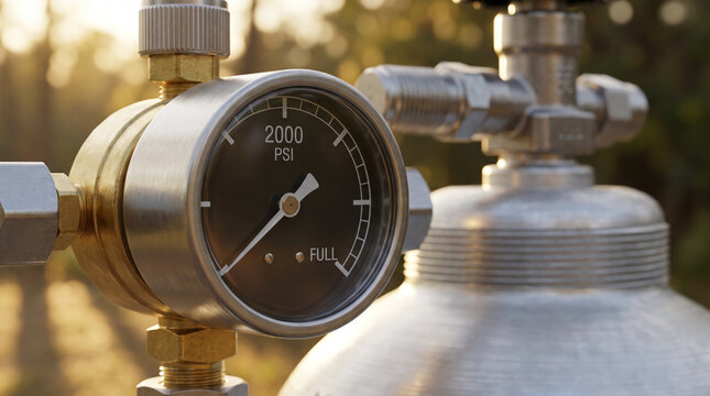 Oxygen cylinder pressure gauge showing 2000 PSI at sunset  