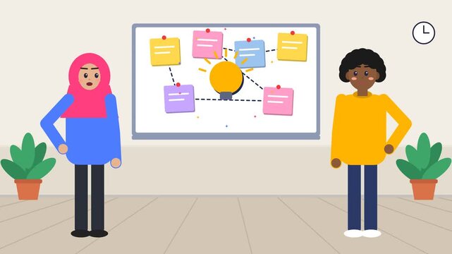 Diverse people brainstorming with sticky notes and a lightbulb on a whiteboard, illustrating teamwork and creative idea generation