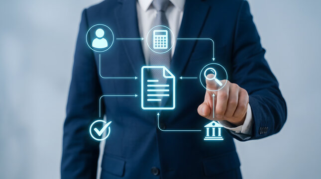Digital banking automation workflow with document processing, verification, calculations, and financial management