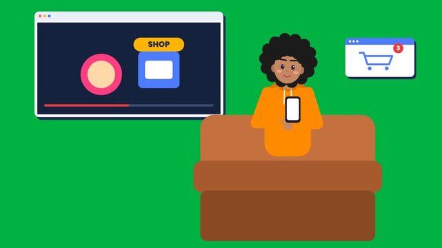 Woman shopping online on a couch with a smartphone, browsing e-commerce websites for digital retail convenience from home.