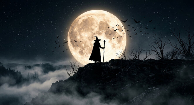 Silhouette of a witch with staff on a rocky hill under a full moon