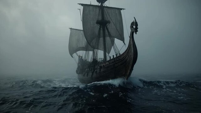 Ancient Viking longship sails through stormy seas, a symbol of adventure and exploration
