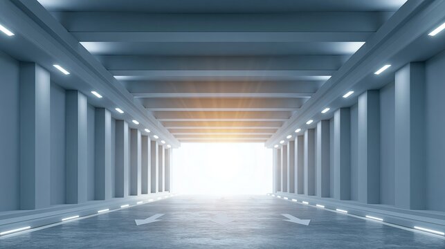 Modern futuristic long corridor, two-way arrow marks on floor, bright light at passage end, minimalist business space choice direction concept scene