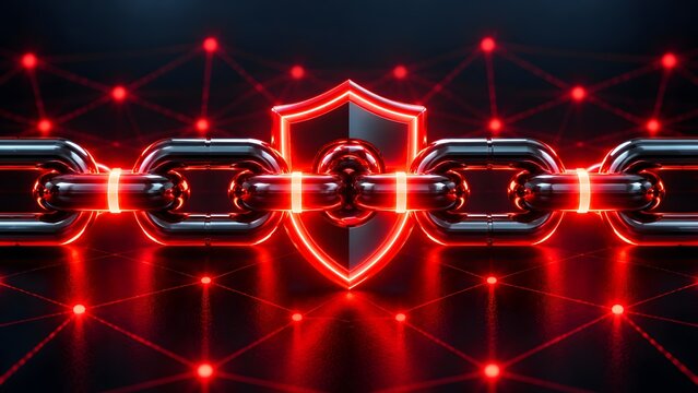 Strong metallic chain linked with a glowing red shield symbolizing blockchain security data encryption and unbreakable network defense systems.