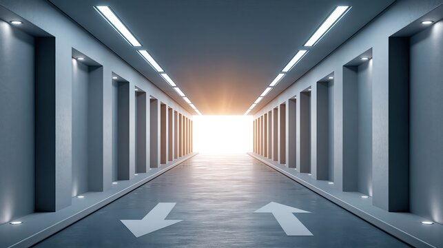 Modern futuristic long corridor, two-way arrow marks on floor, bright light at passage end, minimalist business space choice direction concept scene