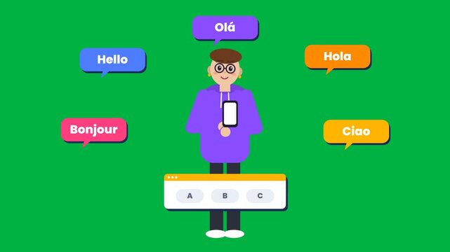 Mobile language learning app concept. Illustrated person uses smartphone with multilingual 'Hello' speech bubbles for global communication.