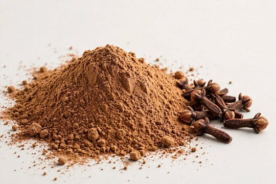 Dark brown clove powder pile next to dried whole authentic clove buds on bright clean background.