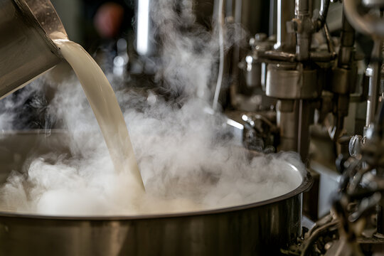 Hot steam rising from industrial brewing equipment during beer production process in a brewery setting
