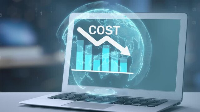 Visual representation of cost analysis with a declining graph on a laptop screen, emphasizing financial trends and data visualization in a modern business environment. Salient