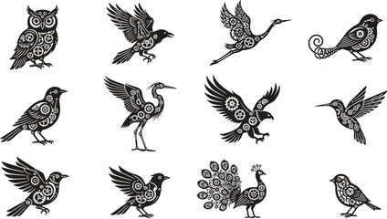 Fototapeta premium Steampunk fantasy bird silhouette collection depicting mechanical gear clockwork patterns inside owl raven eagle heron peacock and hummingbird wildlife vectors