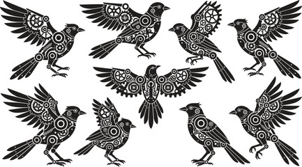Fototapeta premium Steampunk fantasy flying bird silhouettes collection depicting industrial mechanical clockwork gears cogs and cybernetic machinery inside wild sparrow vector