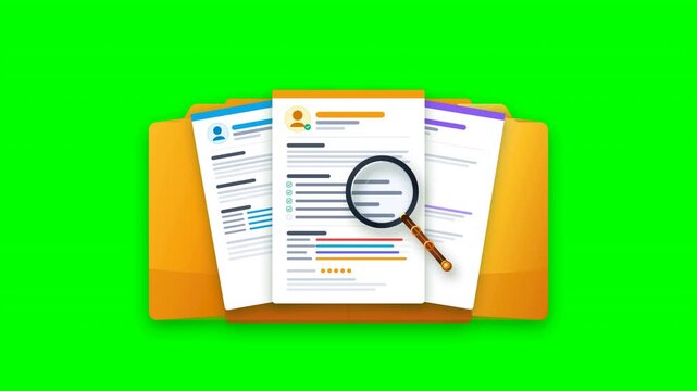 resume document folder search magnifying glass inspecting candidate cv files on green screen background