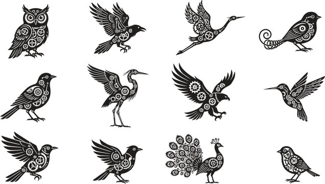 Steampunk fantasy bird silhouette collection depicting mechanical gear clockwork patterns inside owl raven eagle heron peacock and hummingbird wildlife vectors